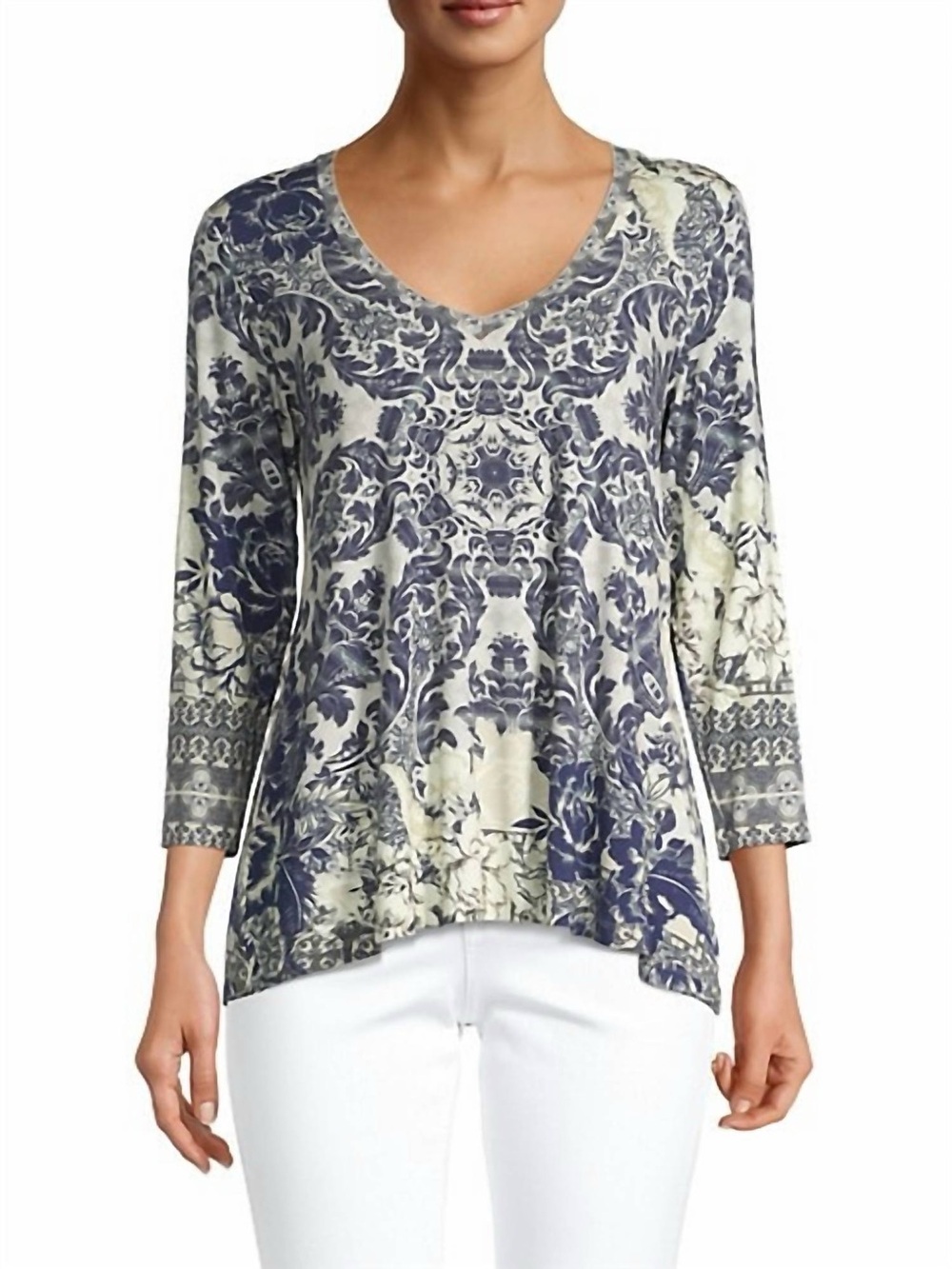 Johnny Was Blue and Cream Floral-Print Long Sleeve Tee